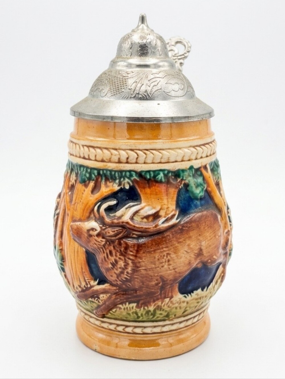 Vintage Western Germany Ceramic Beer Stein with Lidded Pewter Top – Deer & Hunte